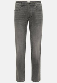 Grå denimjeans med lige ben, fem lommer og subtile syninger. Mellemhøj talje med lynlås og knaplukning.