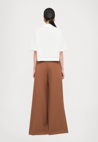 White cropped shirt with short sleeves and a collar, paired with wide brown pants made of a soft fabric. Rear view showcases the silhouettes.