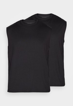 Black sleeveless t-shirts displayed in pairs, made of smooth fabric. Rounded neckline and clean edges with no visible patterns or hardware.