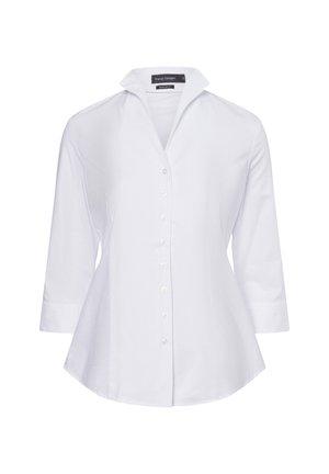 White button-up shirt with a structured collar, three-quarter sleeves, and a flared hem. Made from a textured fabric with a smooth finish.