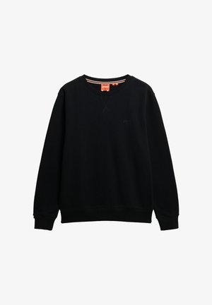 Schwarzer Sweatshirt aus weichem Material mit Rundhalsausschnitt, gerippten Bündchen und Saum sowie einem kleinen Logo auf der linken Seite.