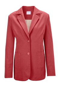 Roter Baumwollblazer mit fallendem Revers, zwei Vorder Taschen, einem einzelnen Knopfverschluss und einer glatten Textur. Futter sichtbar am Halsausschnitt.