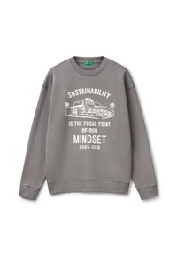 Sweat-shirt gris en mélange de coton, avec des textes et graphiques imprimés en blanc sur la durabilité. Col et poignets côtelés.