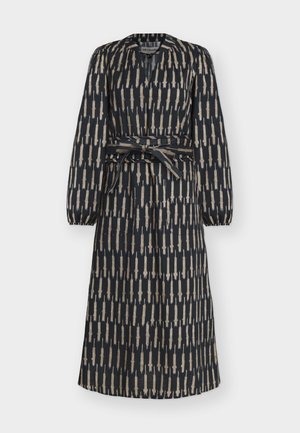 Vestito midi nero a maniche lunghe con motivo a pennellate verticali beige, scollo a V, spalle arricciate e cintura in tessuto annodata in vita.