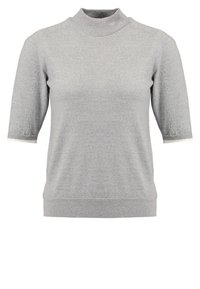 Grå stickad tröja med hög hals och korta ärmar. Har en ribbad halsringning och manschetter, med en avslappnad passform och mjuk textur.