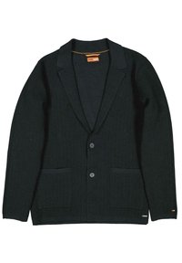 Schwarze gestrickte Blazerjacke mit Reverskragen, zwei vorderen Knöpfen und zwei aufgesetzten Taschen, flach auf weißem Hintergrund ausgelegt.