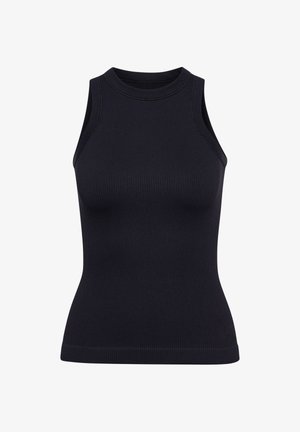 Ärmelloses schwarzes, geripptes Stricktop mit hohem Rundhalsausschnitt und figurbetonter Silhouette.