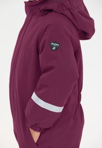 Bordeaux vandtæt jakke med en tætsiddende hætte, elastiske manchetter og reflekterende stribe. Har et Zigzag-logo på ærmet og en sidelomme.