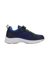 Blauer und marineblauer Mesh-Sportschuh mit Klettverschluss, grünen Akzenten, einer gepolsterten Sohle und einer strukturierten Gummilaufsohle.