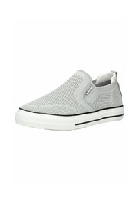 Šedé slip-on tenisky s texturovaným síťovaným svrškem, bílou gumovou podrážkou a černými akcentovými pruhy podél spodní části. Celkově minimalistický design.