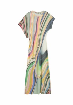 Voľné midi šaty s krátkym rukávom s farebným abstraktným vzorom v pastelových a výrazných odtieňoch, s okrúhlym výstrihom a bočným vreckom.