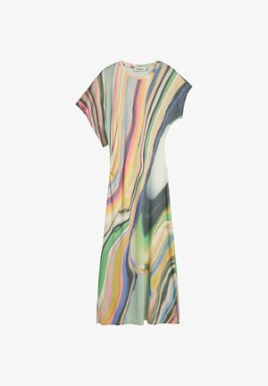 Losse midi-jurk met korte mouwen en een kleurrijk abstract swirl-patroon in pastel- en felle tinten, ronde halslijn en een zijzak.