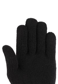 Zwarte gebreide handschoen met een aansluitend ontwerp, met vijf afzonderlijke vingers en een gladde textuur. Geen patronen of extra accenten aanwezig.