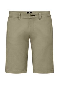 Beige Shorts aus Baumwollstoff, mit einem normalen Bund, einer Knopfverschluss, seitlichen Taschen und einem geraden Schnitt.