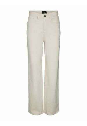 Platus, kreminės spalvos džinsų kelnes su mygtuko ir užtrauktuko uždarymu, penkiomis kišenėmis ir subtiliais siuvinėjimo akcentais. Pagaminta iš medvilnės.