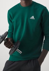 Zelená mikina s dlouhými rukávy a kulatým výstřihem, s bílým logem Adidas. Uživatel drží v jedné ruce černou činku.