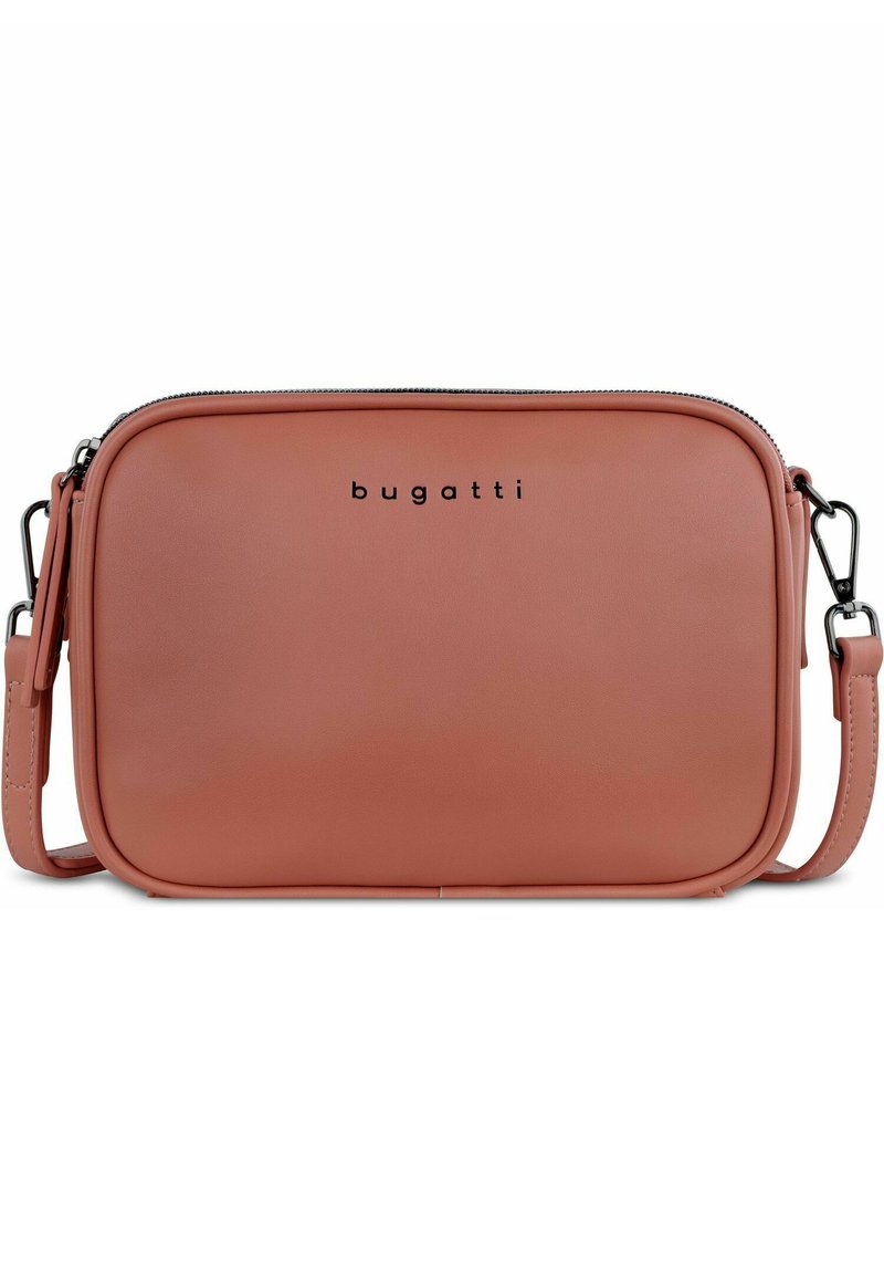 Borsa a tracolla in pelle sintetica rosa con chiusura a zip, forma rettangolare e logo del marchio in rilievo. Cinghia regolabile e superficie liscia.
