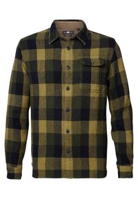 Flanellhemd mit grün-schwarzem Karomuster, langen Ärmeln, Knopfverschluss, einer Brusttasche und einem strukturierten Stoff.