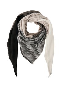 Geweven sjaal in een driehoekige vorm met een gestructureerd patroon in grijs, zwart en wit en rafelige randen. Zachte, lichte stof.
