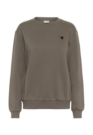 Brown cotton sweatshirt with a crew neckline, ribbed cuffs, and hem. Features a small black heart logo on the left chest area.