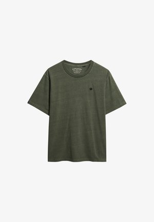 Olive green short-sleeved t-shirt with a round neckline. Features a small black logo on the chest. Made from soft fabric with a smooth texture.