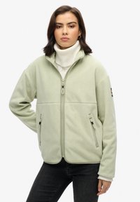 Giacca in pile verde chiaro con chiusura a zip, due tasche frontali e colletto alto. Presenta una finitura testurizzata e un'etichetta con logo sulla manica.