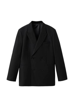 Blazer nero doppiopetto con revers a punta, due tasche frontali e tessuto strutturato. Presenta una tasca sul petto e maniche a taglio dritto.