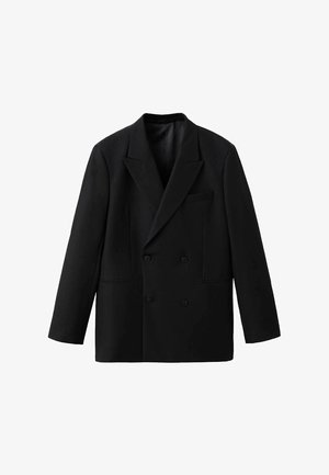 Blazer nero doppiopetto con revers a punta, due tasche frontali e tessuto strutturato. Presenta una tasca sul petto e maniche a taglio dritto.