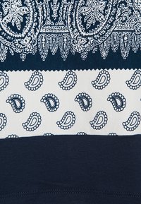 Tissu bleu marine et blanc avec des motifs de paisley alternés et des bordures complexes évoquant de la dentelle, disposés en rayures horizontales.