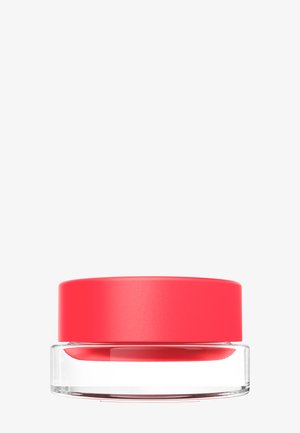 Klares Glasgefäß mit einem breiten, flachen, leuchtend roten Deckel, seitlich vor einem schlichten weißen Hintergrund gezeigt.