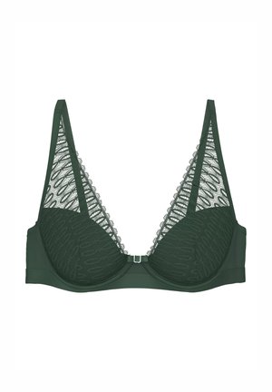 Zielony biustonosz z trójkątnymi miseczkami, wykonany z gładkiego materiału, z koronkowymi bocznymi panelami i małym srebrnym zapięciem na środku przodu.
