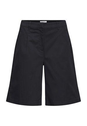 Melnas, ceļgalu garuma, pielāgotas šortas ar jostas cilpām, priekšējām krokām un slēptu priekšējo aizdari.