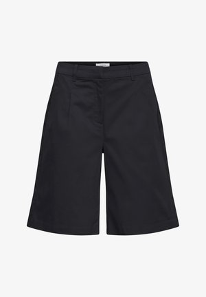 Mustad põlvekõrgused kohandatud lühikesed püksid vööaasade, eesami ja varjatud eesmise sulgemisega.