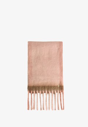 Écharpe en laine douce dégradée de rose avec une frange beige. Présente une texture lisse et un petit accent en métal dans un coin.