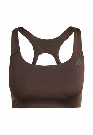 Καφέ αθλητικό μπουστάκι με σχέδιο racerback και άνοιγμα στο κέντρο. Κατασκευασμένο από λείο ύφασμα με μικρό λογότυπο στο πάνω δεξιά μέρος.