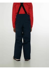 Pantaloni da sci blu navy con bretelle nere regolabili, dotati di due tasche posteriori e ventilazioni sui fianchi. Il materiale sembra resistente e isolato.