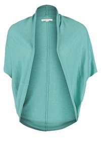 Lättviktsöppen cardigan i teal, med avslappnad passform, texturerad stickning och två sidofickor för funktionalitet.