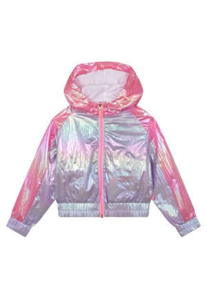Chaqueta con capucha de tonos iridiscentes rosa brillante y plata, con cremallera frontal y puños y cintura elásticos, diseñada para niños.