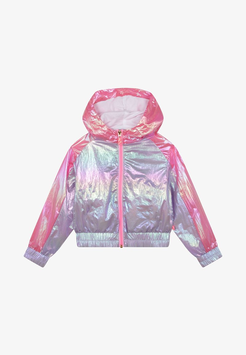 Veste à capuche irisée rose brillant et argent avec fermeture éclair frontale, poignets et taille élastiques, conçue pour les enfants.
