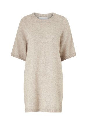 Beige short-sleeve sweater dress made of soft knit material. Features a ribbed neckline and cuffs with a relaxed fit. No visible patterns.