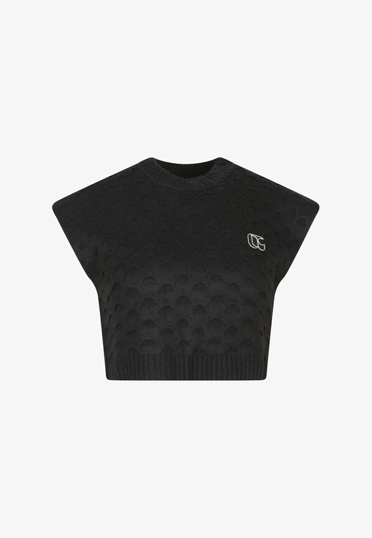 Pull court noir avec un motif texturé, manches courtes et col ras du cou. Présente un petit logo à l'avant.