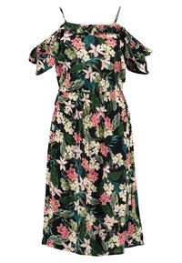Květinové midi šaty, černé pozadí s růžovým a zeleným květinovým vzorem, odhalená ramena, nastavitelné ramínka, elastický pas.