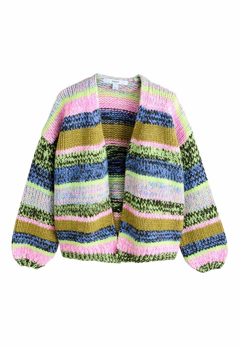 Wielokolorowy, dziergany kardigan z szerokimi rękawami. Charakteryzuje się naprzemiennymi paskami w kolorach różowym, zielonym, niebieskim i brązowym, wykonany z miękkiego, teksturowanego materiału.
