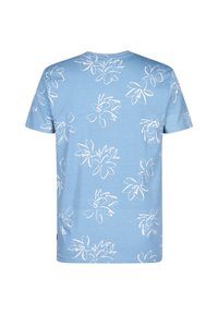 Hellblaues T-Shirt aus Baumwolle mit weißem floralen Linienkunst-Design. Kurze Ärmel, Rundhalsausschnitt und gerader Saum.