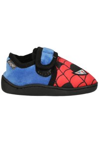 Chausson doux pour enfant avec semelle noire, talon bleu, avant rouge avec motif en toile et bride réglable noir et bleu sur le dessus.