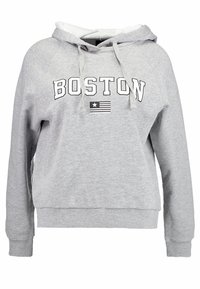 Szara bluza z kapturem z kieszenią kangurka, sznurkiem do regulacji kaptura oraz nadrukiem "BOSTON" z małym detalem w postaci flagi. Wykonana z miękkiej mieszanki bawełny.