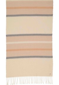 Coperta tessuta con design a strisce in beige, pesca e grigio. Presenta bordi frangiati e una consistenza morbida, ideale per essere appoggiata o sovrapposta.