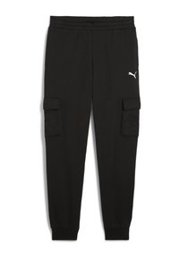 Schwarze Cargo-Hosen aus weichem Stoff, mit einem elastischen Bund, zwei Seitentaschen und einem weißen Logo-Akzent am Oberschenkel.