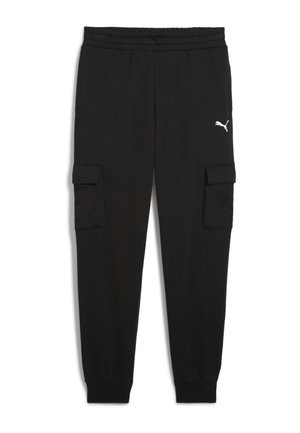 Pantalons cargo noirs en tissu doux, dotés d'une taille élastique, de deux poches latérales et d'un accent logo blanc sur la cuisse.