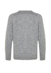Grauer Strickpullover mit geripptem Muster, der lange Ärmel und einen Rundhalsausschnitt hat. Die Rückansicht hebt die nahtlose Verarbeitung hervor.